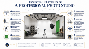 Diagram — Professional Photo Studio Features Professional photo studio features diagram showing lighting systems, cyclorama walls, climate control, styling areas, and amenities for commercial shoots