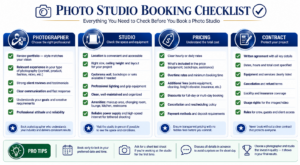 Checklist — Photo Studio Booking Decision Guide Photo studio booking checklist infographic covering portfolio review, facility inspection, pricing transparency, contracts, and photographer experience