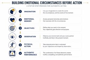 Diagram illustrating the Stanislavsky actor preparation process from imagination and emotional memory to physical action and authentic performance.