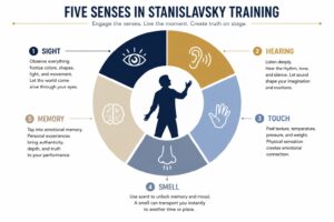 Infographic showing how sight, hearing, touch, smell, and memory help actors create believable performances using the Stanislavsky Method.