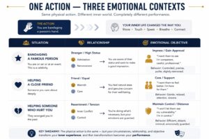 Comparison table demonstrating how identical physical actions change when emotional objectives and relationships between characters differ.