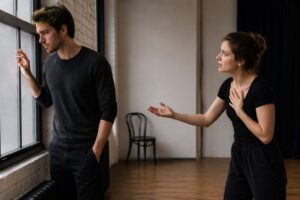 Two actors communicating without words through eye contact, facial expressions, posture, and hand gestures during a Stanislavsky acting exercise.