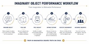 Workflow diagram illustrating how actors imagine an object, perceive its size, weight, and texture, execute movement, and convince the audience.