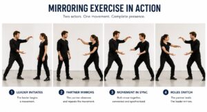 Four-step image sequence showing two actors practicing the Mirror exercise through leadership, imitation, synchronized movement, and role reversal.