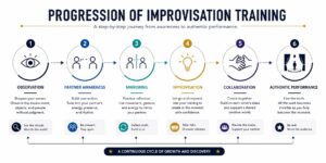 Workflow infographic showing the progression of improvisation training from observation and partner awareness to authentic collaborative performance.