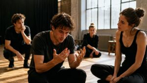 Young actors practicing the Stanislavsky Method during a theater rehearsal, focusing on emotional preparation, observation, and authentic performance in a professional acting studio.