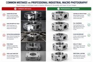 Comparison — Common Industrial Macro Photography Mistakes Side-by-side comparison showing common machine parts photography mistakes including flat frontal lighting, distracting backgrounds, and shallow depth of field versus correct technique