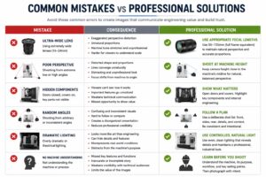 Table — Common Industrial Photography Mistakes Comparison table listing common industrial machine photography mistakes including random angles, ultra-wide lenses, shadowed components, and perspective distortion