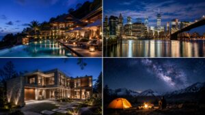 Collage showing commercial applications of night landscape photography across luxury hospitality, tourism marketing, real estate twilight, and outdoor brand advertising