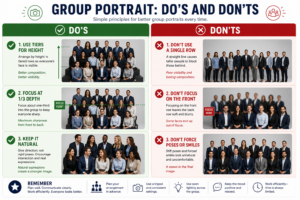 Group portrait photography dos and don'ts checklist summarizing preparation, tiered posing, even lighting, aperture settings, and client direction