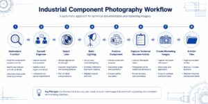 Infographic — Industrial Component Photography Workflow Infographic outlining the industrial component photography workflow from understanding part function through lighting setup, background selection, and documentation capture