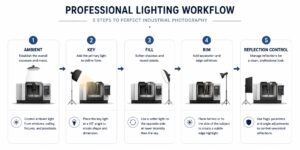 Diagram — Build Light One Source at a Time Diagram showing five-step industrial lighting workflow from evaluating ambient light through key light, fill, rim lighting, and reflection control
