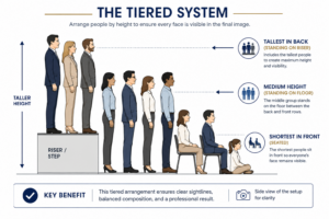 Tiered posing diagram for group portrait photography showing tallest subjects standing in back rows and shorter people seated in front for full face visibility