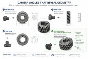 Diagram — Camera Angles for Industrial Component Geometry Diagram comparing frontal and angled camera positions for machine parts photography to reveal gear teeth, helix angles, and three-dimensional component geometry