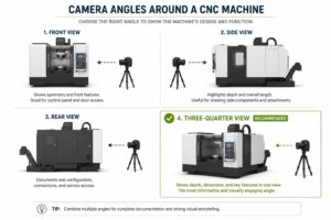 Diagram — Three-Quarter Camera Angle for Industrial Machinery Diagram comparing three-quarter, front, and side camera angles for industrial machine photography to reveal geometry without perspective distortion