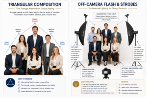 Triangle method posing diagram illustrating how group portrait head positions should form triangles instead of stacked vertical lines for balanced composition