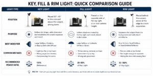 Table — Three-Light Industrial Setup Comparison table of three-light industrial setup showing key light, fill light, and rim light positions, purposes, and intensity ratios