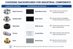 Table — Background Selection for Industrial Components Comparison table for machine parts photography background selection matching matte black backgrounds to bright aluminum and white backgrounds to dark steel components