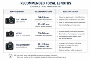 Table — Recommended Focal Lengths for Industrial Machinery Comparison table of recommended focal lengths for industrial machine photography on full-frame, APS-C, and medium format camera systems