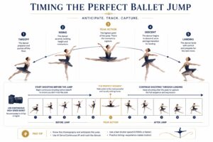 Diagram illustrating peak action timing in ballet photography showing the highest point of a jump when the dancer appears weightless with fully extended body lines