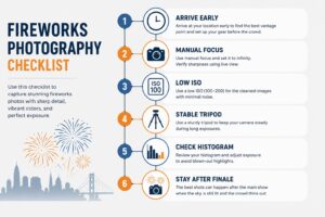Fireworks photography checklist infographic covering early setup, manual focus, composition with landmarks, low ISO long exposure, and post-finale shooting