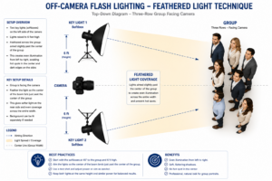 Off-camera flash lighting diagram for group portrait photography showing two strobes with large modifiers feathered across a multi-row subject arrangement