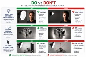 Infographic — Photographing Polished Metal and Chrome Infographic explaining how to photograph polished metal by lighting diffusion panels instead of reflective surfaces directly