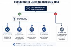 Decision tree diagram for foreground lighting in night landscape photography showing when to use natural light, light painting, LED panels, flash, or existing sources