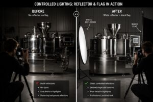 Using Reflectors in Industrial Photography Industrial photographer using white, silver, and black reflectors to control shadows and reflections on manufacturing equipment