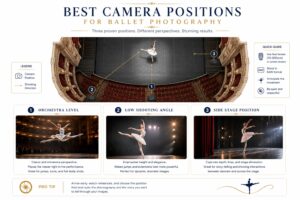 Comparison diagram of best camera positions for ballet photography including orchestra level, low shooting angle, and side-stage viewpoints