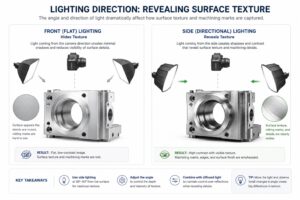 Diagram — Macro Lighting for Surface Texture Diagram showing directional side lighting versus flat front lighting for machine parts photography to reveal milling marks, turning patterns, and machined surface texture