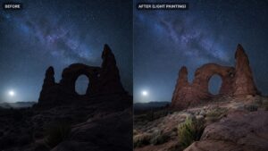 Before and after comparison of light painting technique on night landscape foreground rocks showing subtle illumination versus unlit natural moonlight scene