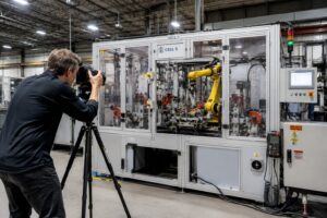 Example — Industrial Depth of Field for Sharp Machine Components Industrial machine photography depth of field example showing every critical component sharp from front to back using f/11 aperture and proper subject distance