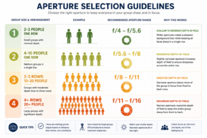 Aperture selection chart for group portrait photography recommending f-stops from f/4 for small single-row groups to f/11 or higher for four or more rows