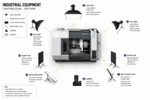 Diagram — Lighting Large Industrial Equipment Diagram illustrating multi-position lighting strategy for large industrial equipment such as printing presses and production lines