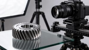 Example — Focus Stacking for Industrial Macro Sharpness Focus stacking example in machine parts photography combining multiple exposures so every critical machined surface remains sharp from front to back at macro distance