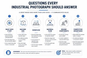 Infographic — Industrial Photo Function Checklist Infographic checklist for industrial machine photography showing questions about machine function, size, material flow, moving parts, and operator position