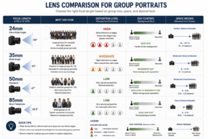 Lens comparison chart for group portrait photography comparing 35mm, 50mm, 85mm, and 24-70mm focal lengths with notes on distortion and subject coverage