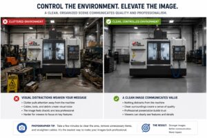 Comparison — Clean vs Cluttered Factory Floor Side-by-side comparison of cluttered and controlled factory floor compositions for industrial machine photography showing distraction removal and subject separation