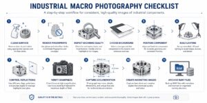 Infographic — Industrial Macro Photography Workflow Checklist Infographic checklist for machine parts photography workflow covering surface cleaning, background choice, lighting, reflection control, and documentation capture steps