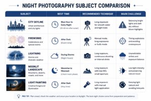 Comparison table of night photography subjects including cities, fireworks, moonlit landscapes, and light painting with planning difficulty and key techniques