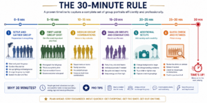 Thirty-minute group portrait session timeline showing how subject patience, genuine smiles, and photographer momentum fade after eight to ten formal setups