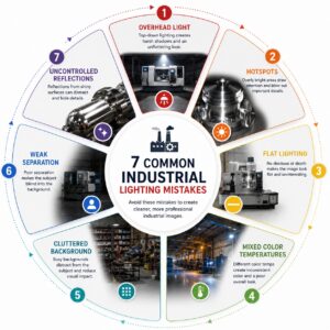Infographic — Common Industrial Lighting Mistakes to Avoid Infographic listing common industrial photography lighting mistakes including overhead glare, bare reflectors on chrome, and excessive fill light