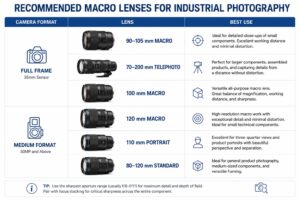 Table — Macro Lens Selection for Industrial Components Comparison table of recommended macro lenses for machine parts photography on full-frame and medium format systems including 90–105 mm macro options