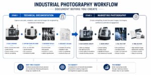 Diagram — Documentation Before Marketing Workflow Flowchart diagram showing industrial machine photography workflow prioritizing technical documentation before artistic marketing image creation