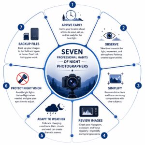 Infographic listing seven professional habits of night photographers including early arrival, patience, weather reading, simplified composition, field review, dark adaptation, and environmental respect