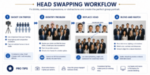 Head swapping post-production workflow diagram for group portrait photography showing how to replace a blinking face from a backup tripod frame in Photoshop