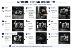Diagram — Modern Industrial Lighting Workflow Flowchart of modern professional industrial lighting workflow from machine prep through key, fill, rim lights, flags, and final capture
