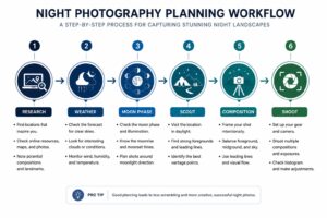 Diagram 1 — Night Photography Planning Workflow Flowchart diagram of night photography planning workflow covering weather, moon phase, location scouting, gear check, and arrival timing