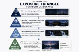 Diagram 2 — Exposure Triangle for Night Landscapes Exposure triangle diagram adapted for night landscapes showing relationships between aperture, shutter speed, and ISO in low-light conditions